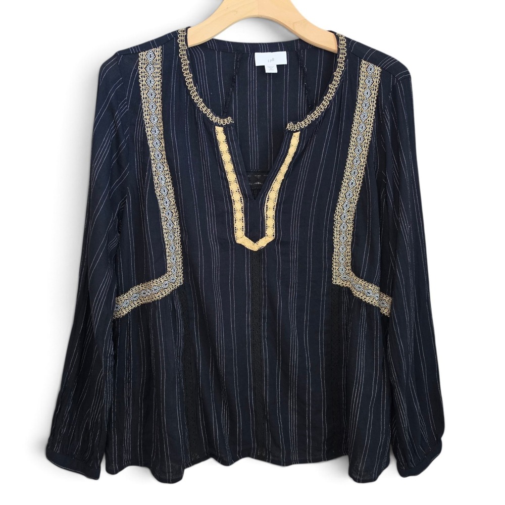 J. Jill Top Petite Medium PM Black Striped Embroidered Peasant Blouse Boho LS